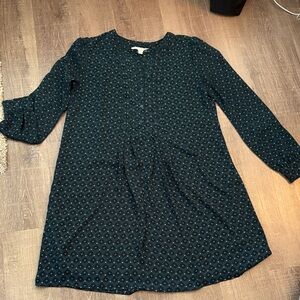 LOFT Dark Teal Patterned Long Sleeve Dress